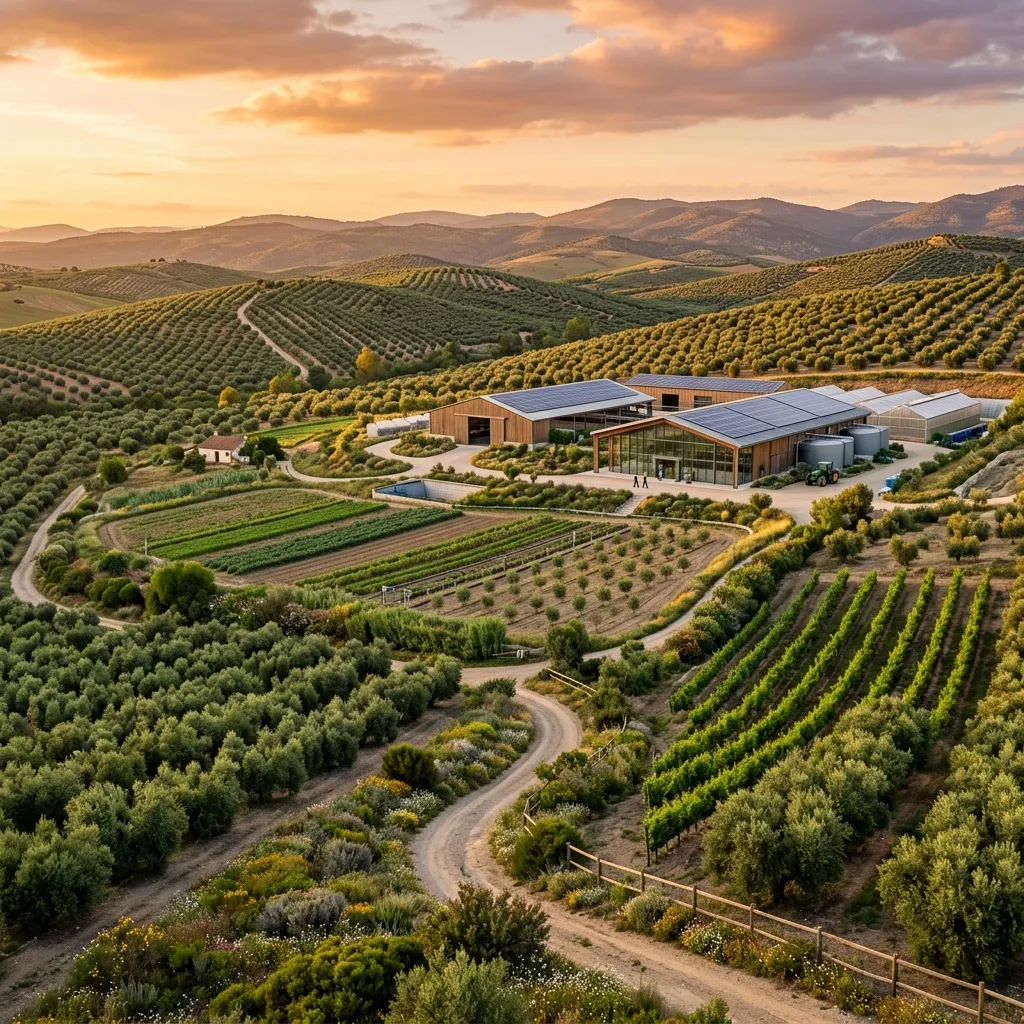 Instalaciones agroalimentarias e invernaderos modernos integrados en un paisaje de colinas de olivos, sector agrícola andaluz regulado por la Ley 2/2026 LEGAM