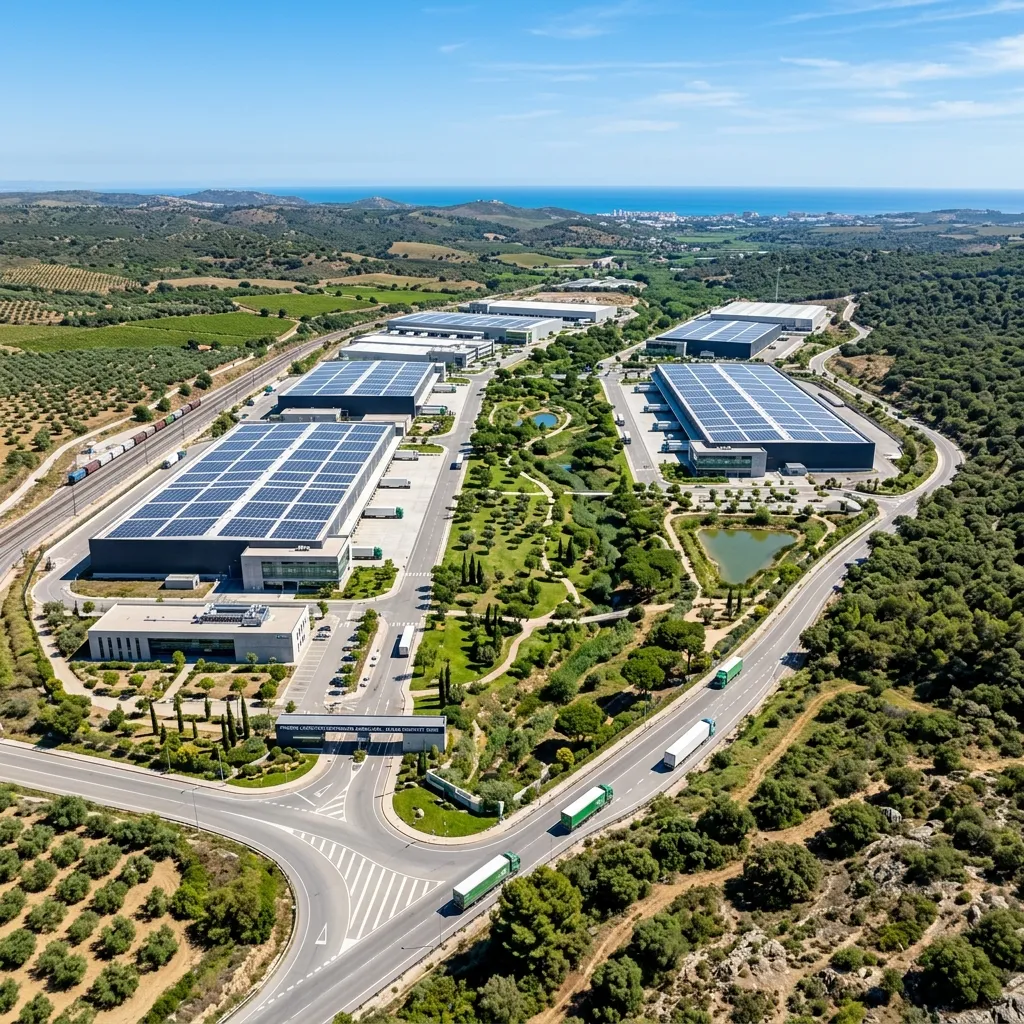 Zona logística y polígono industrial sostenible en Andalucía con placas solares, un ejemplo de entorno sujeto a LA o AAUo según la normativa ambiental LEGAM e integrada paisajísticamente