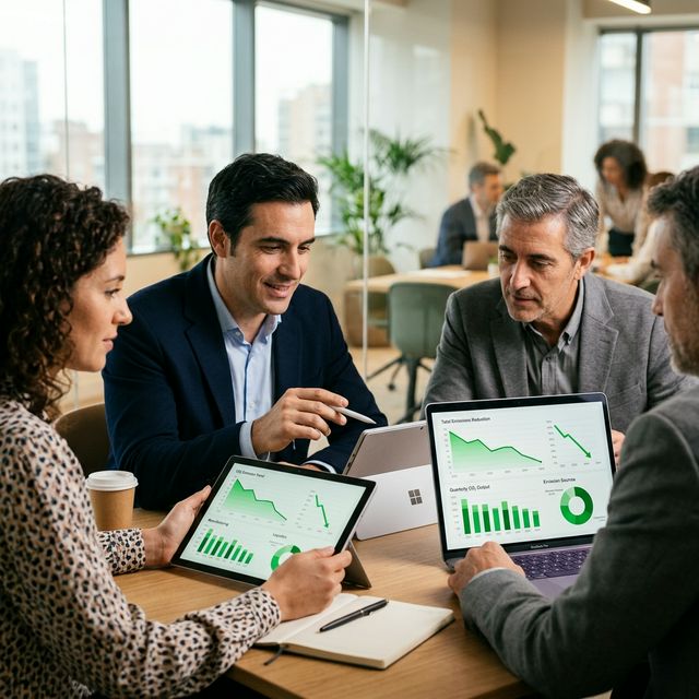 Equipo profesional analizando datos de huella de carbono y gráficos de emisiones CO2 en reunión corporativa