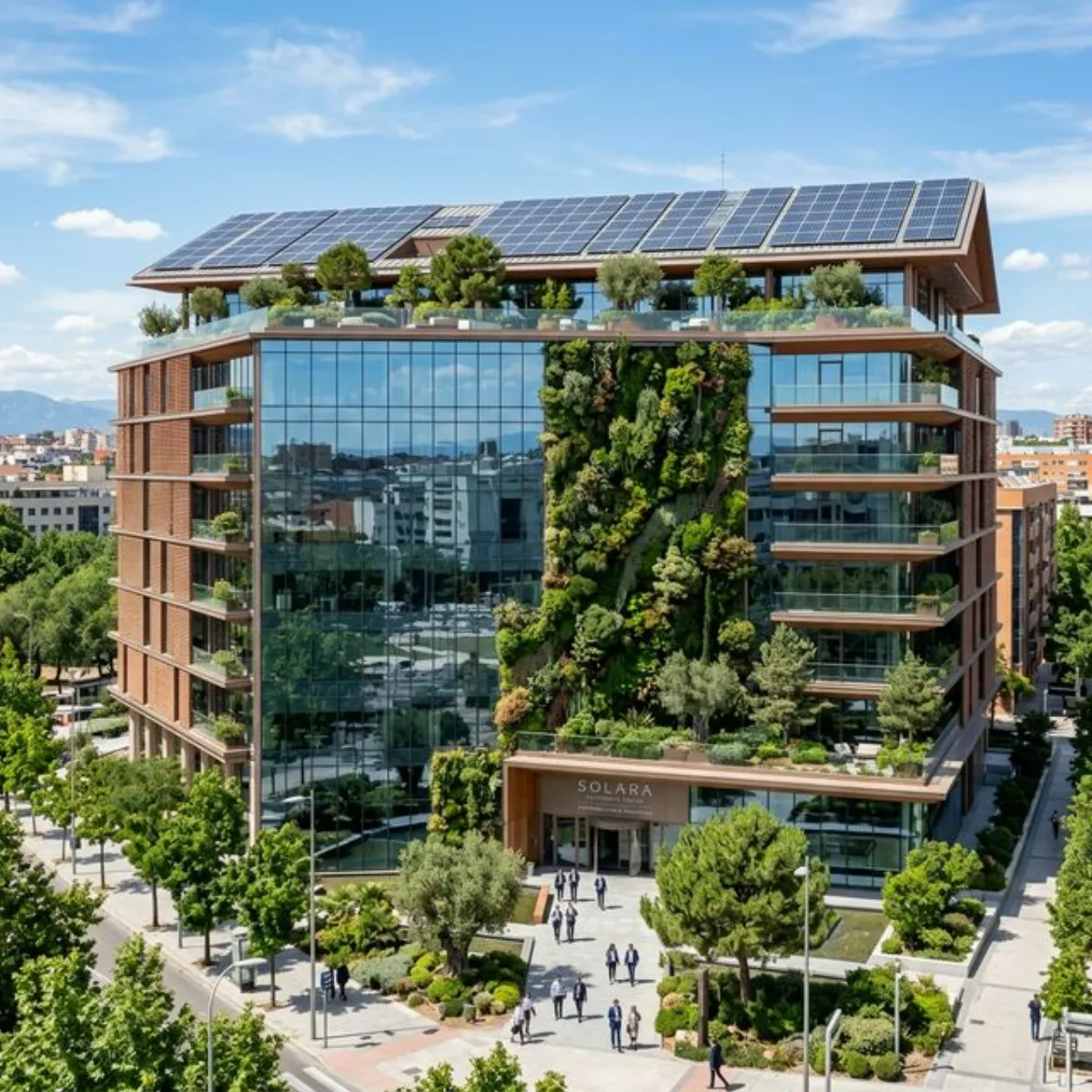 Edificio corporativo sostenible con paneles solares y arquitectura verde, representando la transición hacia la descarbonización empresarial en España