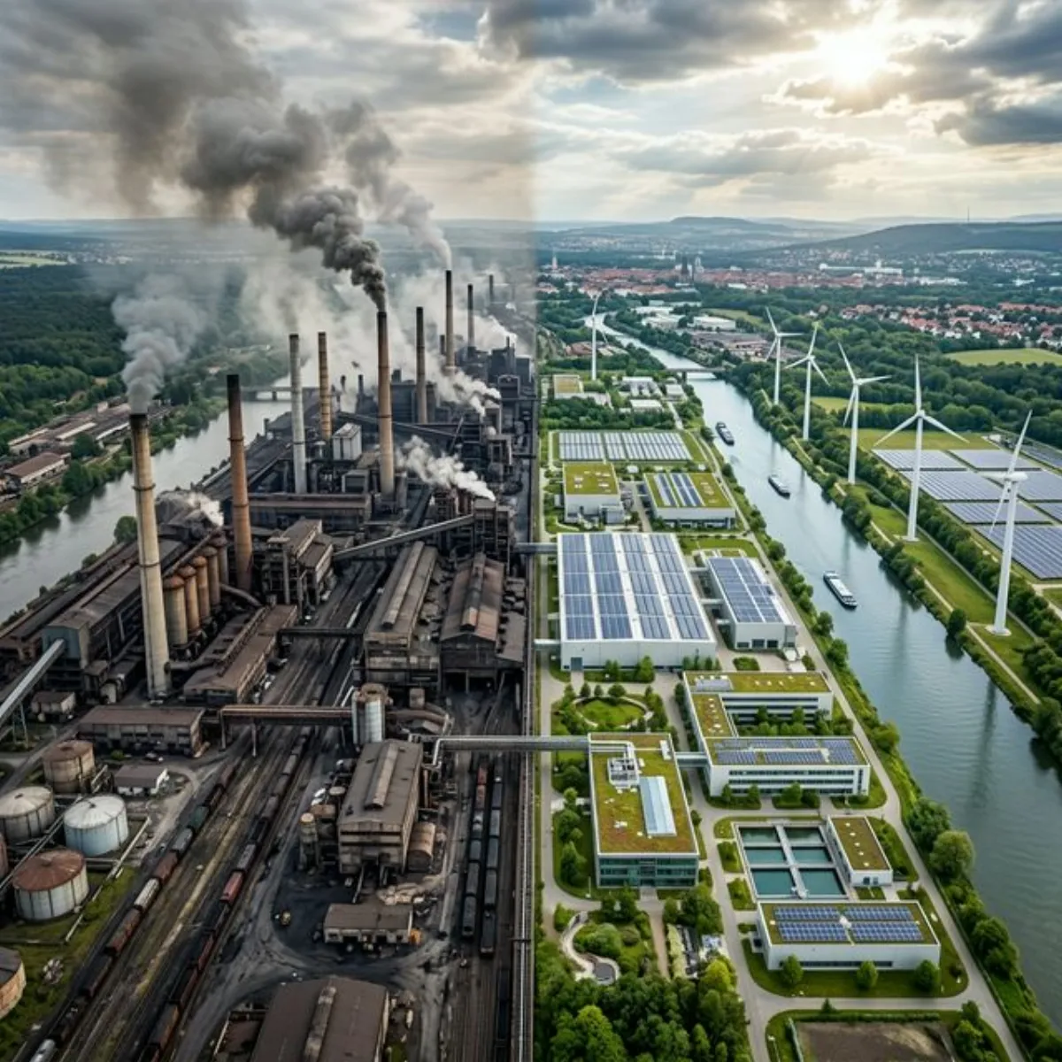 Vista aérea de la transición industrial: zona contaminante vs zona sostenible con paneles solares y molinos de viento