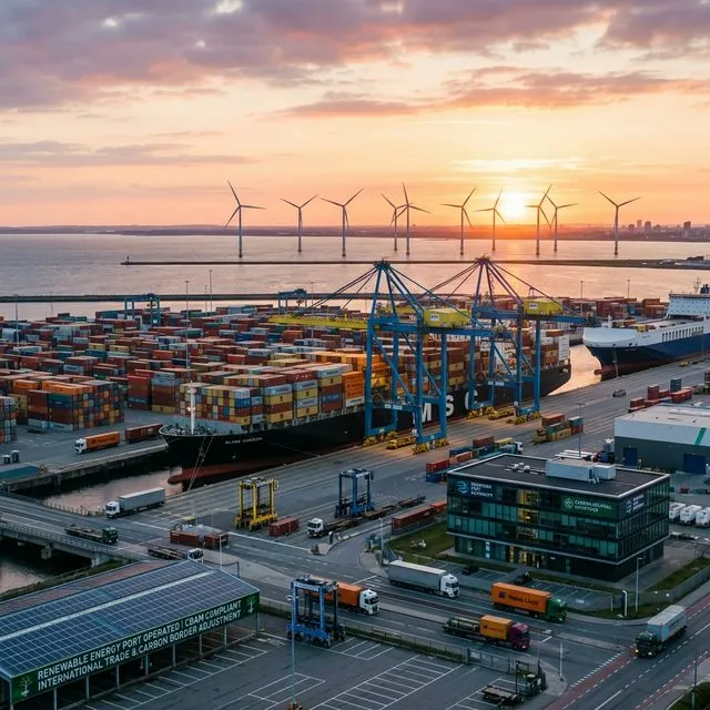 Puerto marítimo con aerogeneradores - Comercio internacional y CBAM