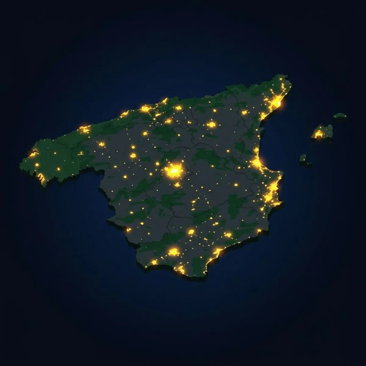 Mapa de España iluminado de noche mostrando contaminación lumínica