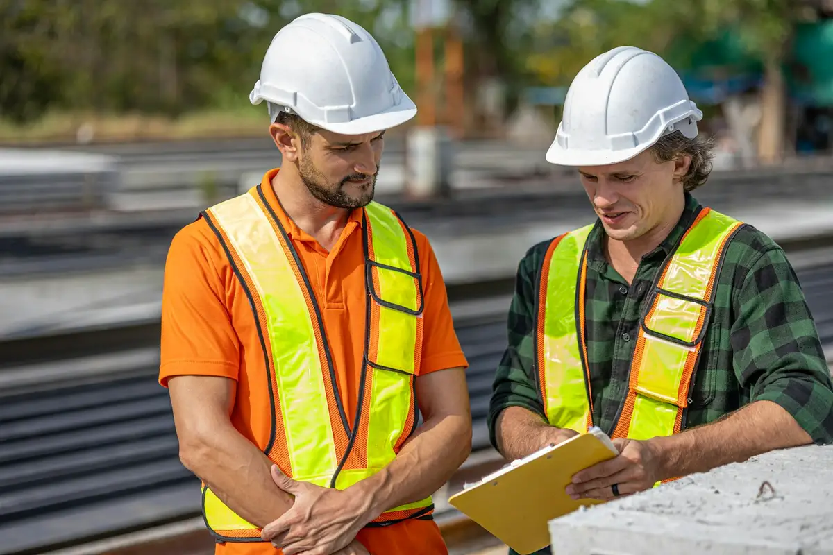 Dos técnicos con casco y chaleco revisan un plan sobre el terreno en una instalación industrial