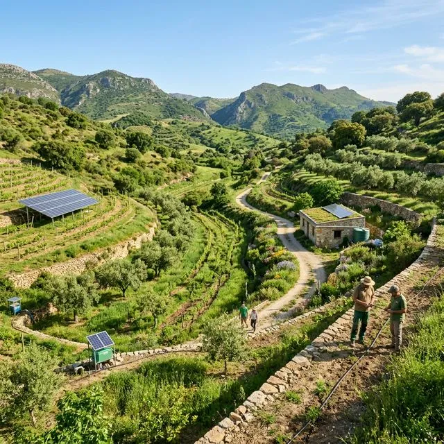 Paisaje andaluz con instalaciones e infraestructuras de sostenibilidad
