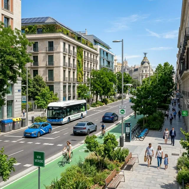 Autobús sostenible y zonas verdes en calle de Madrid