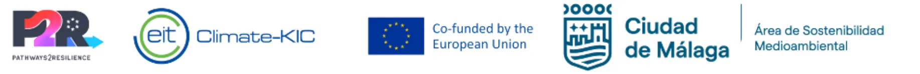 Logotipos oficiales de las entidades financiadoras: Pathways2Resilience, EIT Climate-KIC, NextGenerationEU, Unión Europea y el Área de Sostenibilidad del Ayuntamiento de Málaga