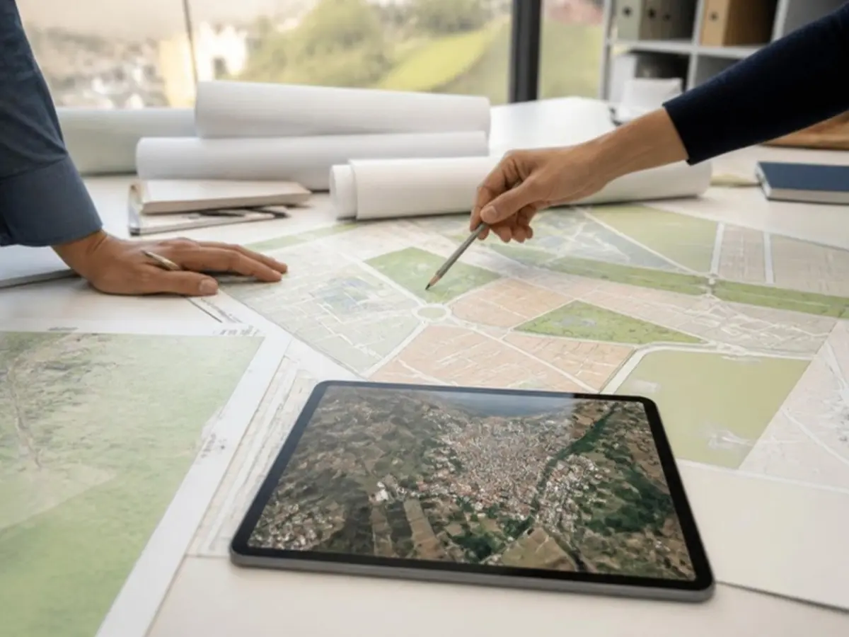 Equipo de urbanismo revisando un plano de ordenación y un mapa aéreo de un municipio durante la evaluación ambiental estratégica