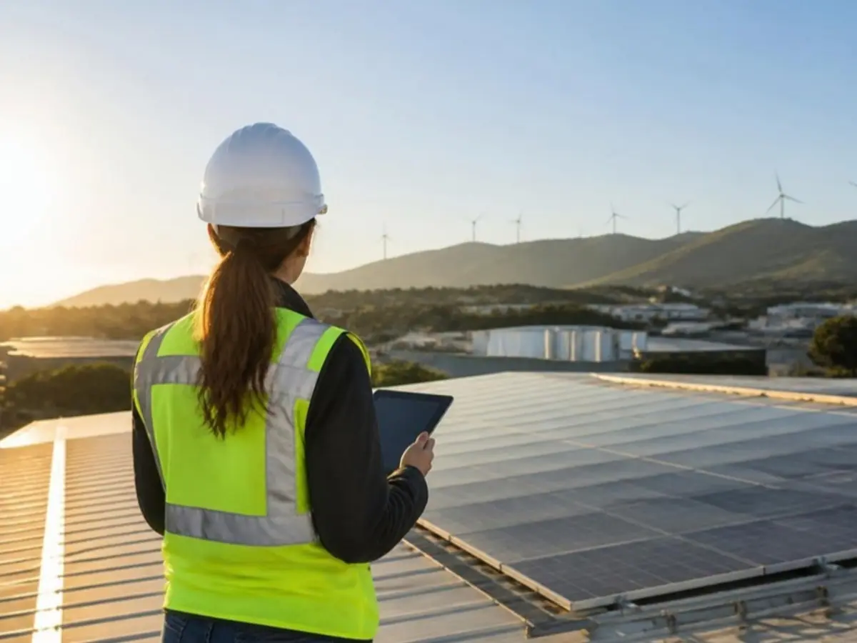 Ingeniera ambiental sobre la cubierta solar de una nave industrial calculando la huella de carbono