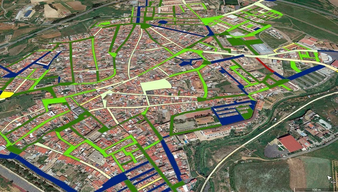 Ejemplo de mapa lumínico aéreo de municipio español — visualización 3D de flujo lumínico en Google Earth