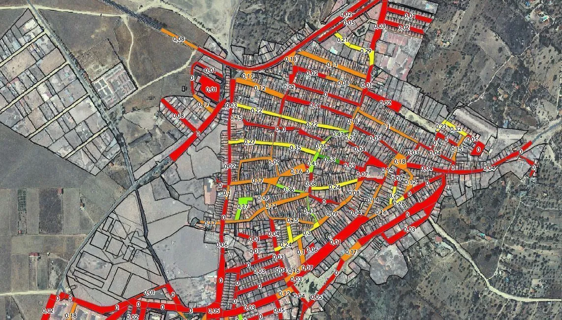 Plano de uniformidad lumínica — evaluación del índice U0 por calles Mapa de uniformidad lumínica municipal — índice U0 por viales, evaluación de calidad del alumbrado público