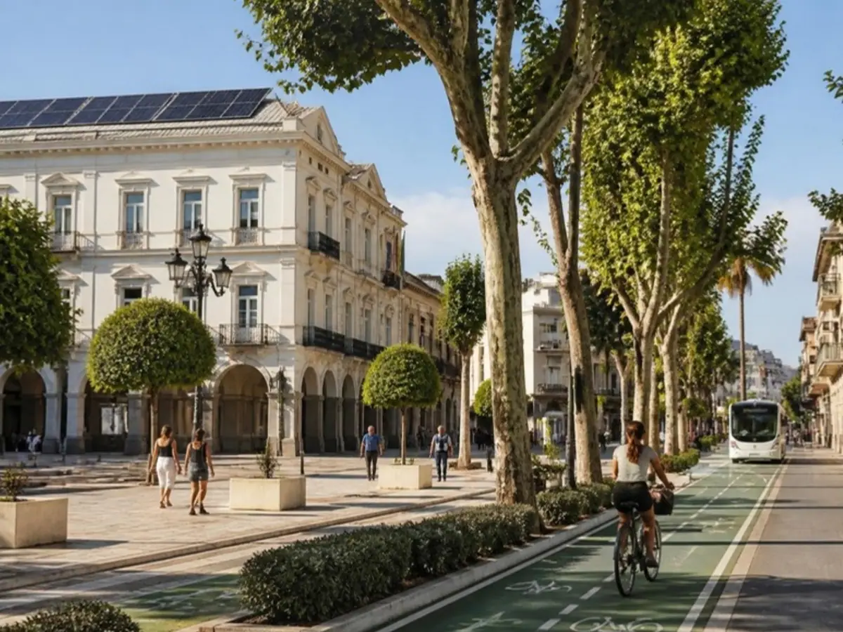Plaza de un ayuntamiento con paneles solares, arbolado y carril bici, ejemplo de plan municipal de clima