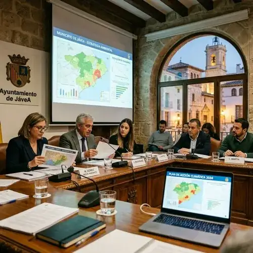 Equipo técnico municipal revisando el Plan de Acción Climática en el salón de plenos del ayuntamiento