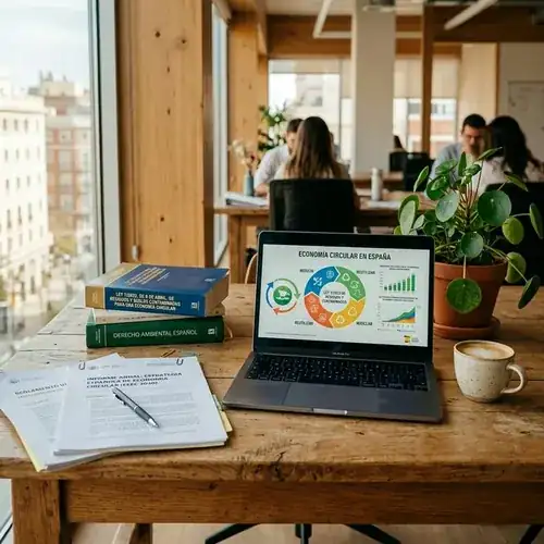 Equipo técnico analizando documentación de economía circular y normativa de residuos sobre mesa de trabajo
