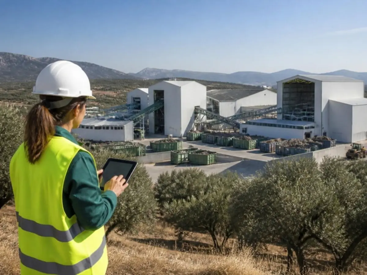 Técnica ambiental revisando una instalación industrial para su autorización ambiental