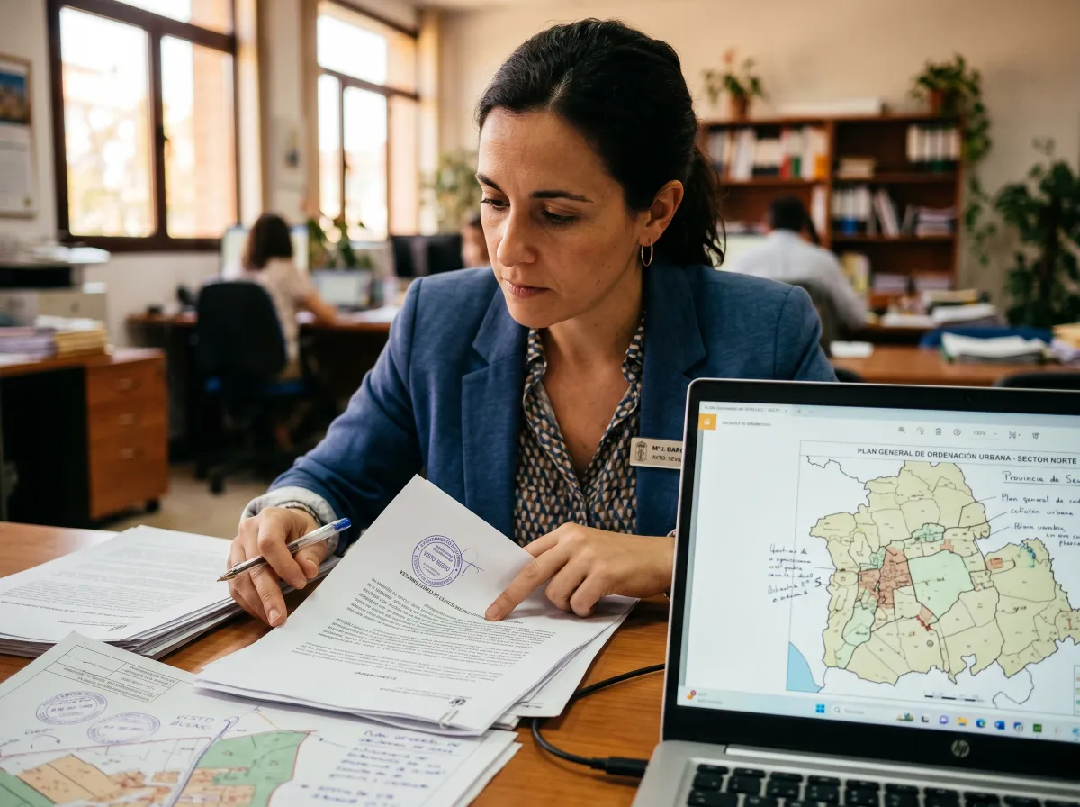 Técnica municipal revisando cartografía para la redacción del Plan Local de Emergencias por Incendios Forestales