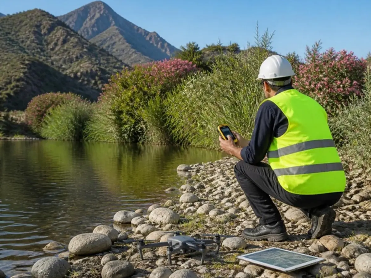 Técnico ambiental tomando datos junto a un río para un estudio de impacto ambiental